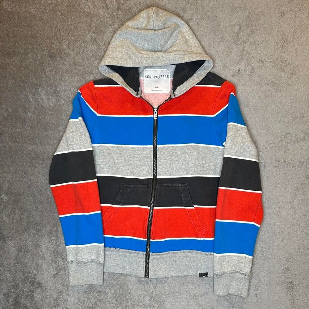 Y2K 2000’s Aeropostale Hoodie Size Medium Men's Blue Red Stripe Full Zip